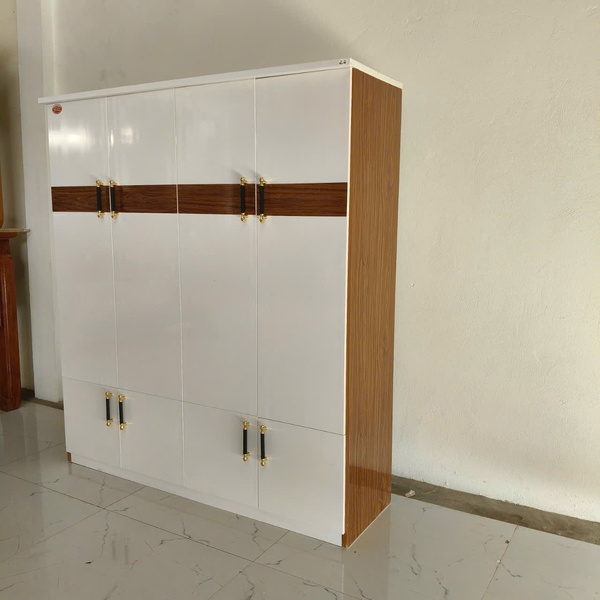 Tủ nhựa 4 cánh trắng phối kẻ ngang