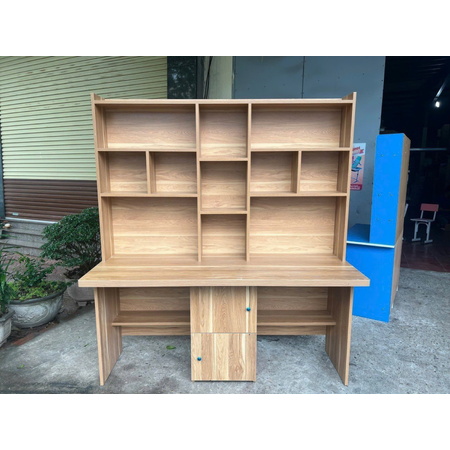 Bàn học đôi màu vân gỗ giá sách cao 1m6