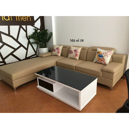 Bộ sofa nỉ màu nâu+ bàn chữ nhật mặt kính đen
