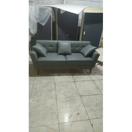 Văng sofa da màu xanh ghi chân gỗ 1m8